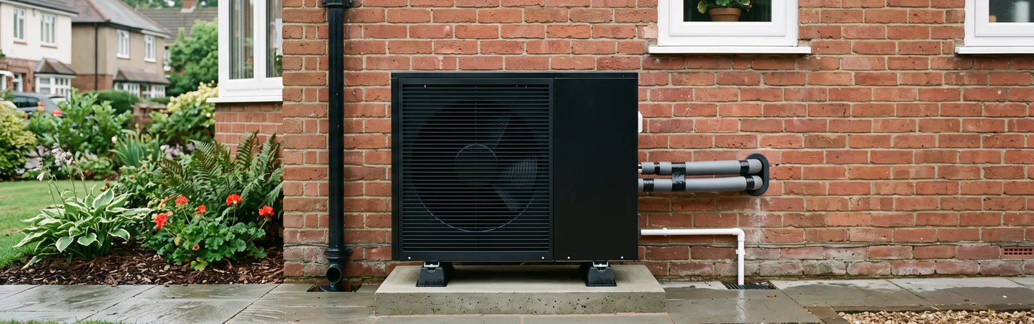 Newly installed black air source heat pump outside a home