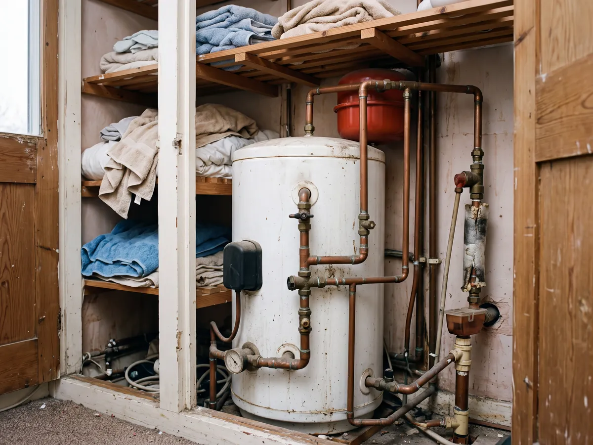 Unvented hot water cylinder installed in an airing cupboard