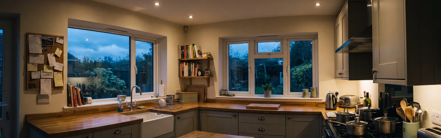 Recessed downlights fitted in a kitchen ceiling