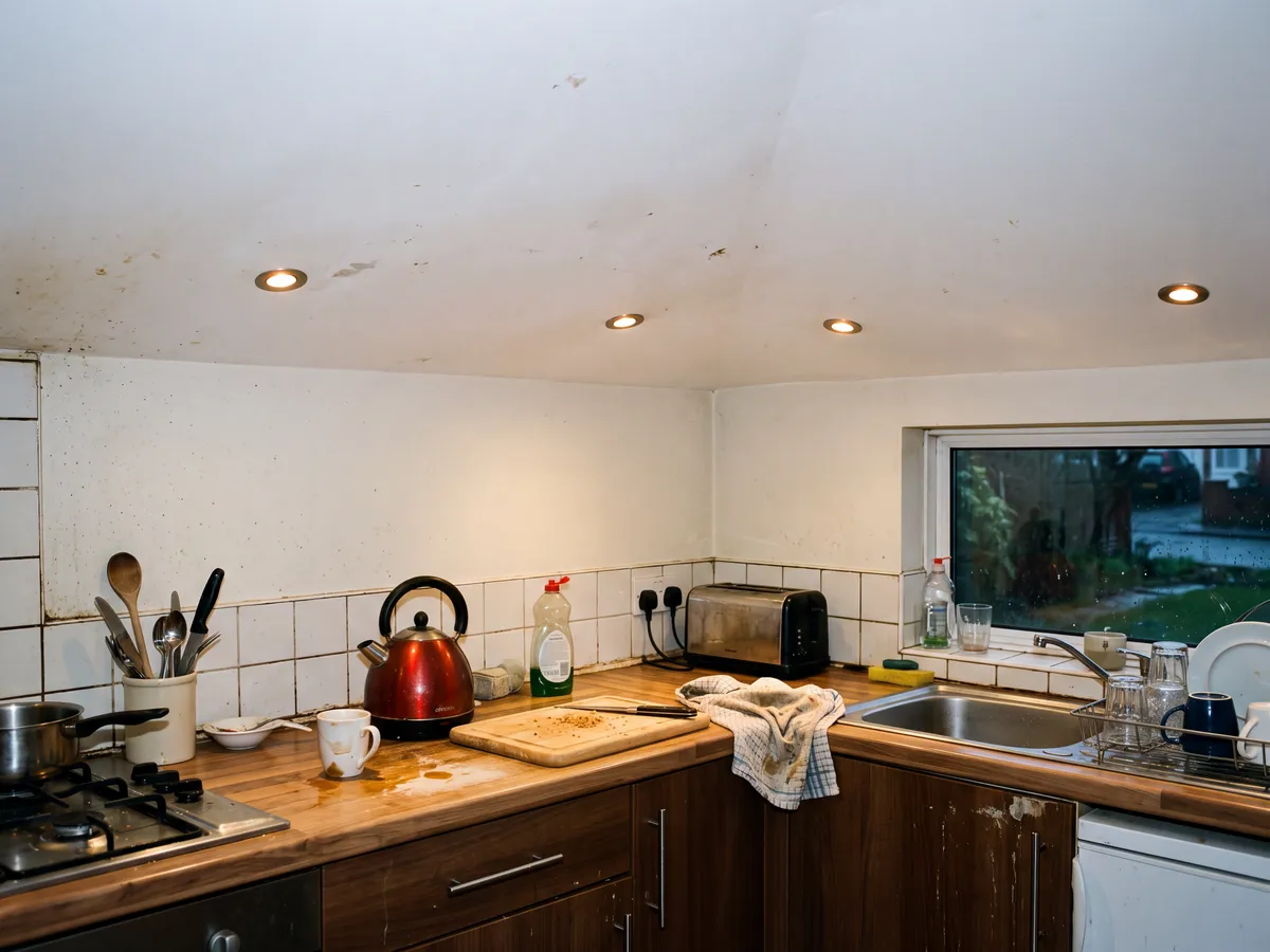 Recessed downlights fitted in a kitchen ceiling