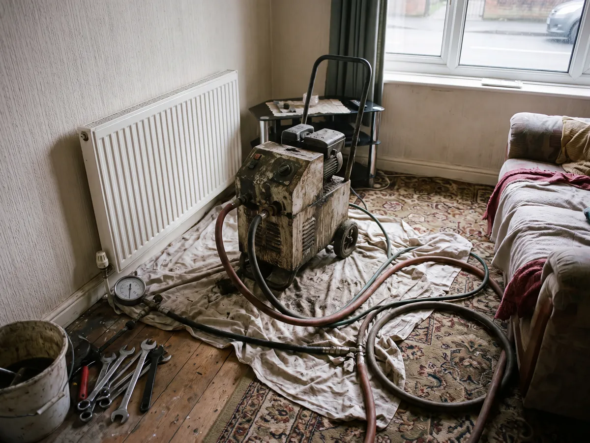 Power-flushing machine connected to a heating system