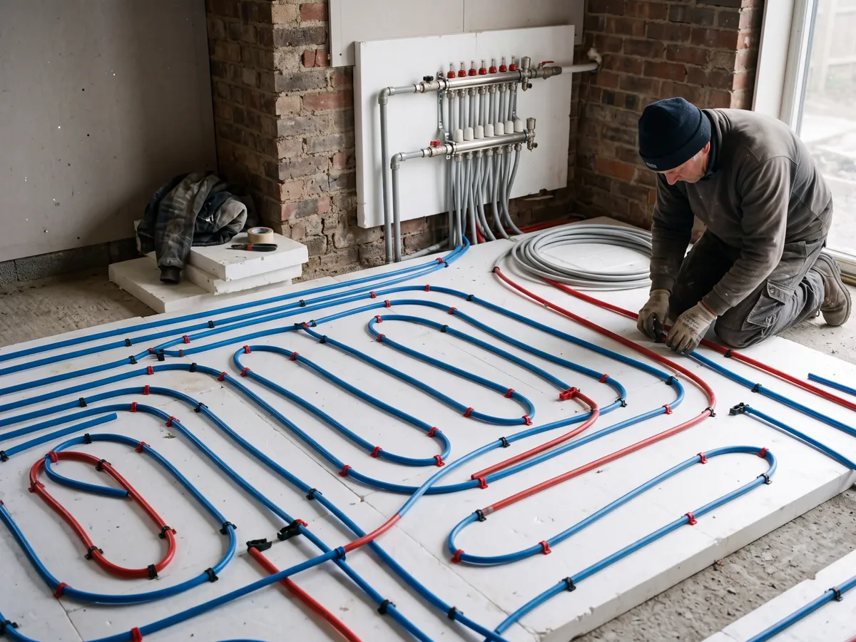 Underfloor heating loops laid before screed